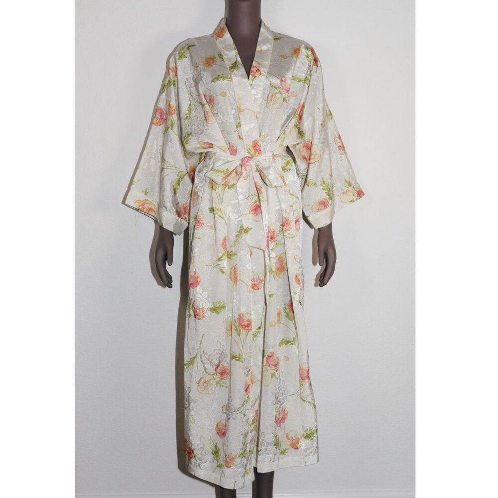 Vintage Floral Satin Maxi Robe Loungewear Womens Size Large